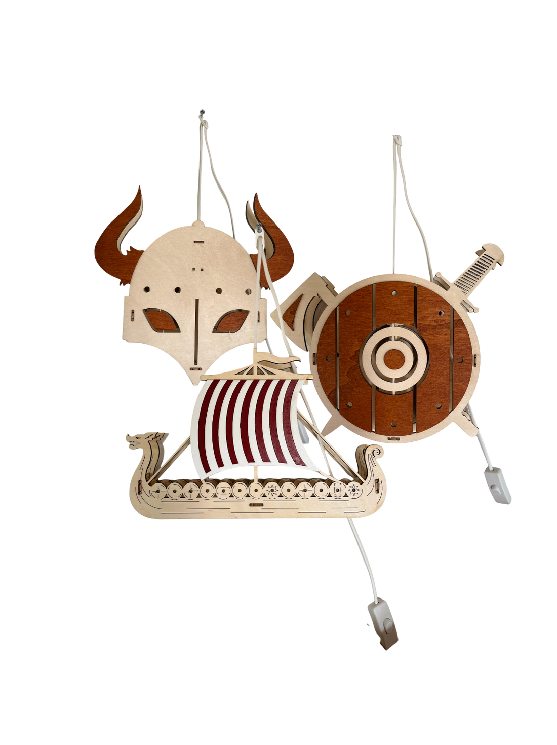 Holz Design Wandlampe Wikinger Helm Harald, Schiff Sven, Schild Erik