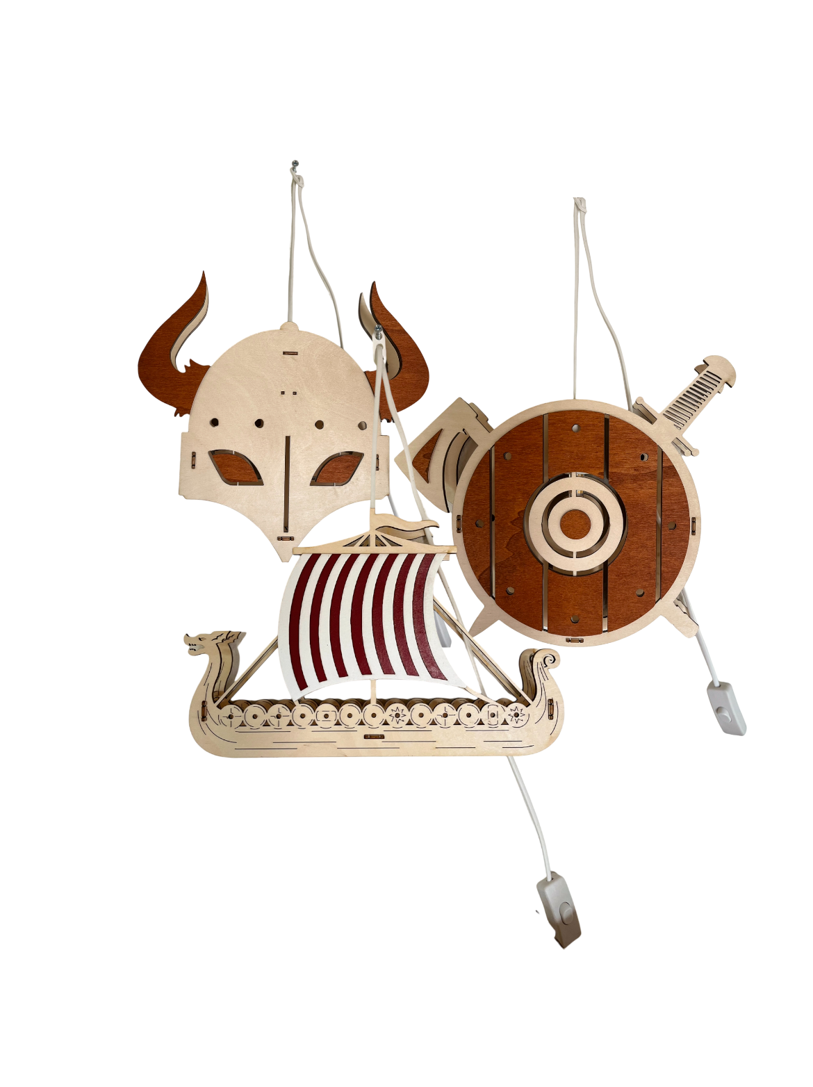 Holz Design Wandlampe Wikinger Helm Harald, Schiff Sven, Schild Erik