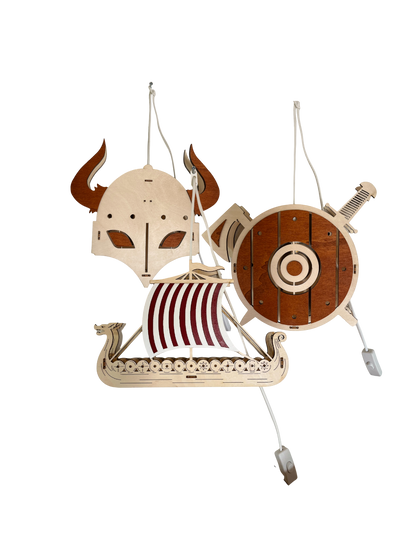 Holz Design Wandlampe Wikinger Helm Harald, Schiff Sven, Schild Erik